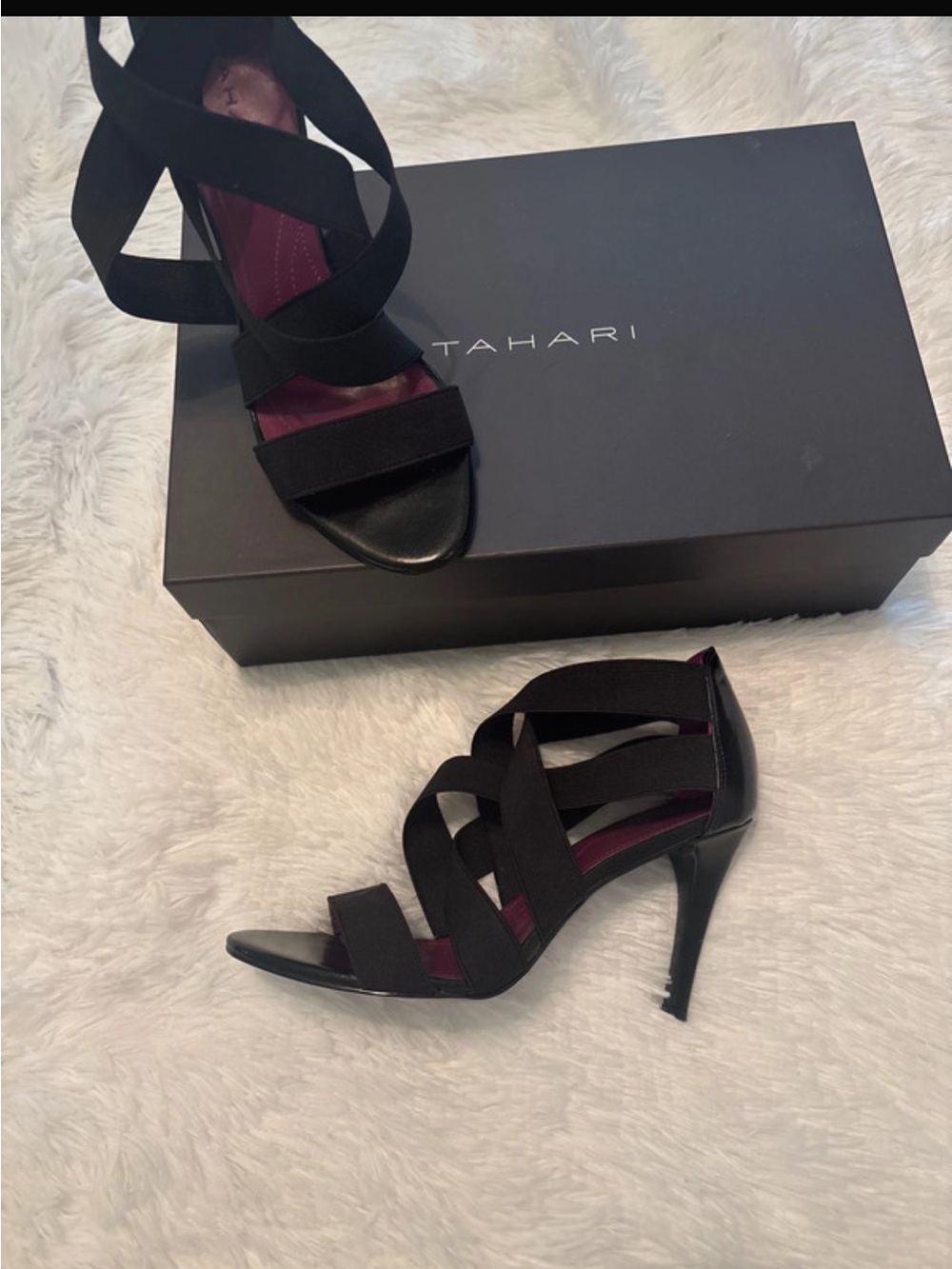 Tahari Black Strappy High Heel Sandals with Burgundy Insole Accent